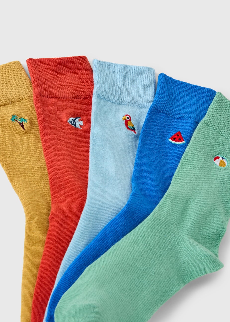 5 Pack Bright Summer Embroidered Ankle Socks