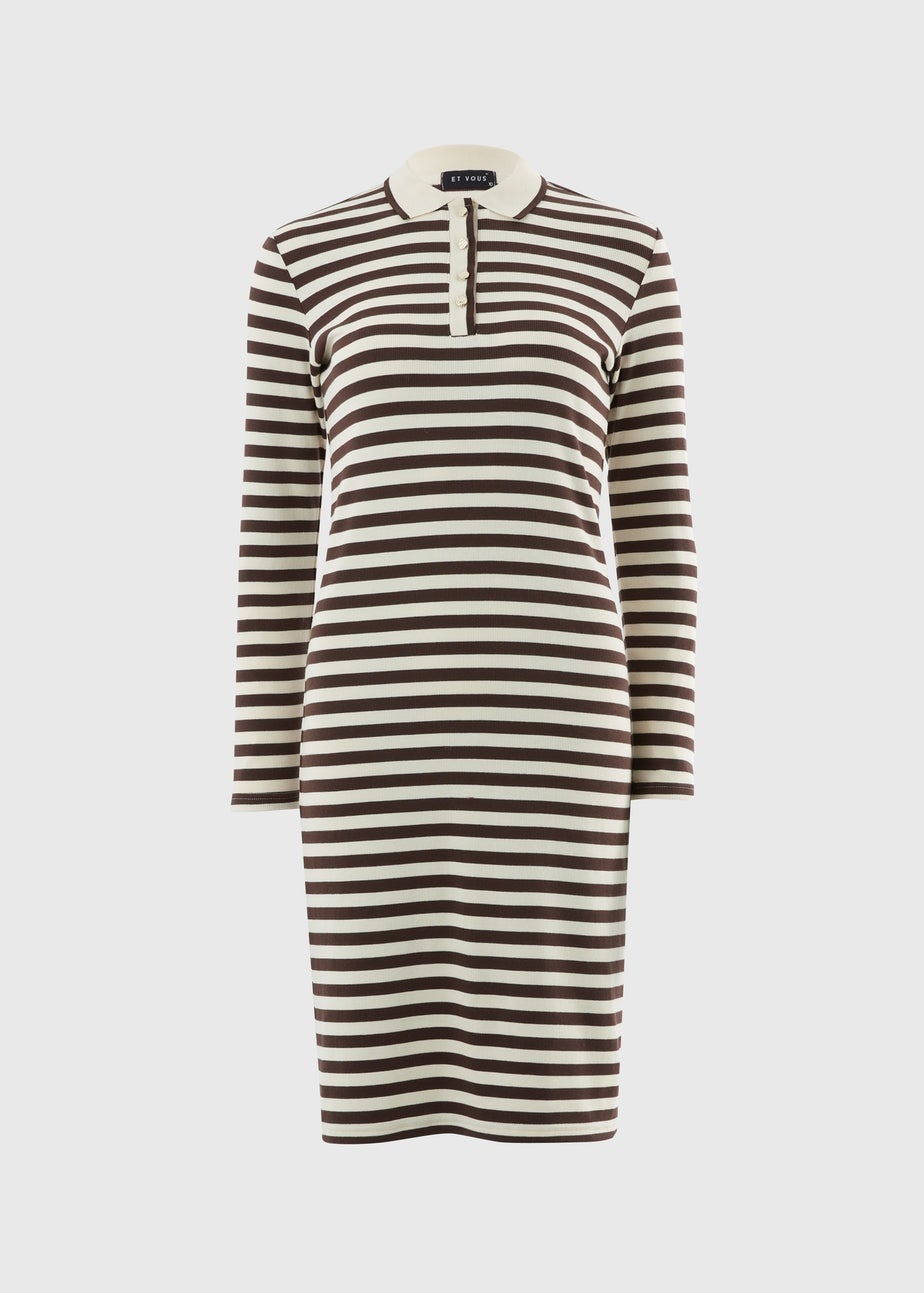 Et Vous Chocolate Brown Stripe Henley Collar Jersey Dress