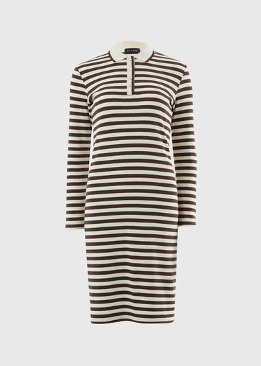 Et Vous Chocolate Brown Stripe Henley Collar Jersey Dress