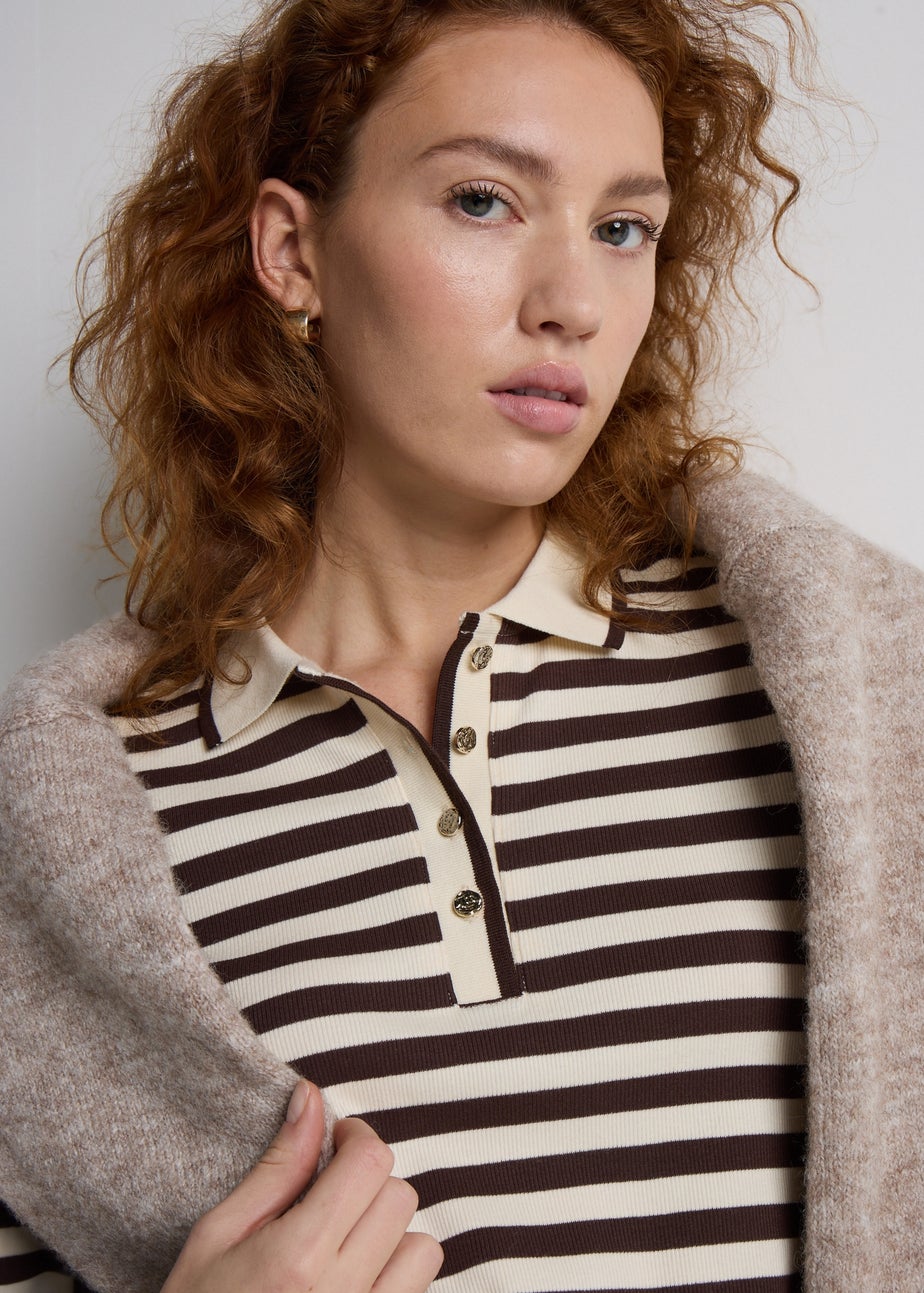 Et Vous Chocolate Brown Stripe Henley Collar Jersey Dress