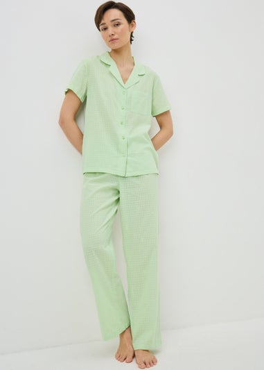 Green Embroidered Button Up Traditional Pyjama Set