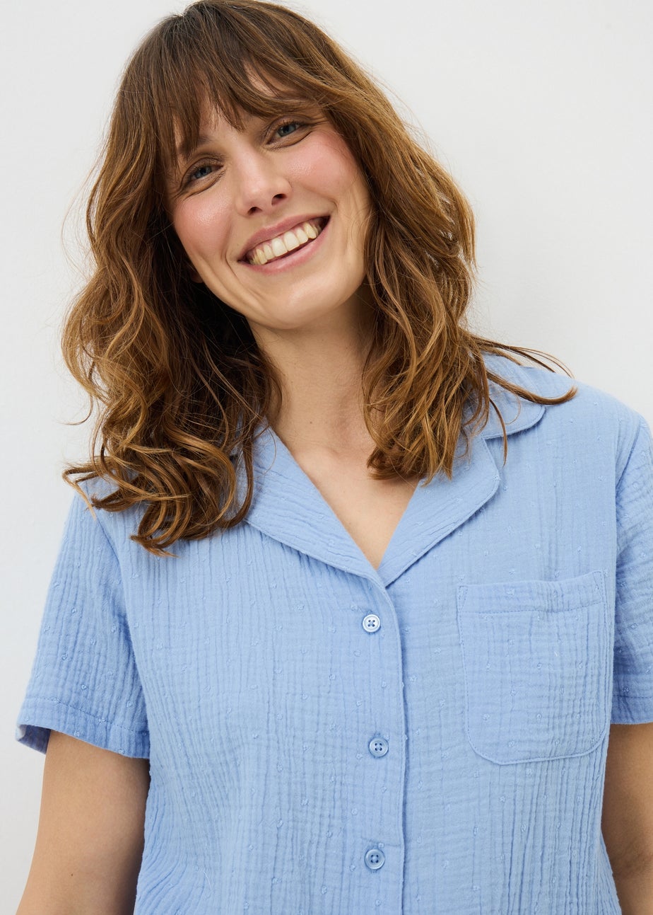 Blue Double Cloth Short Button Up Pyjama Set