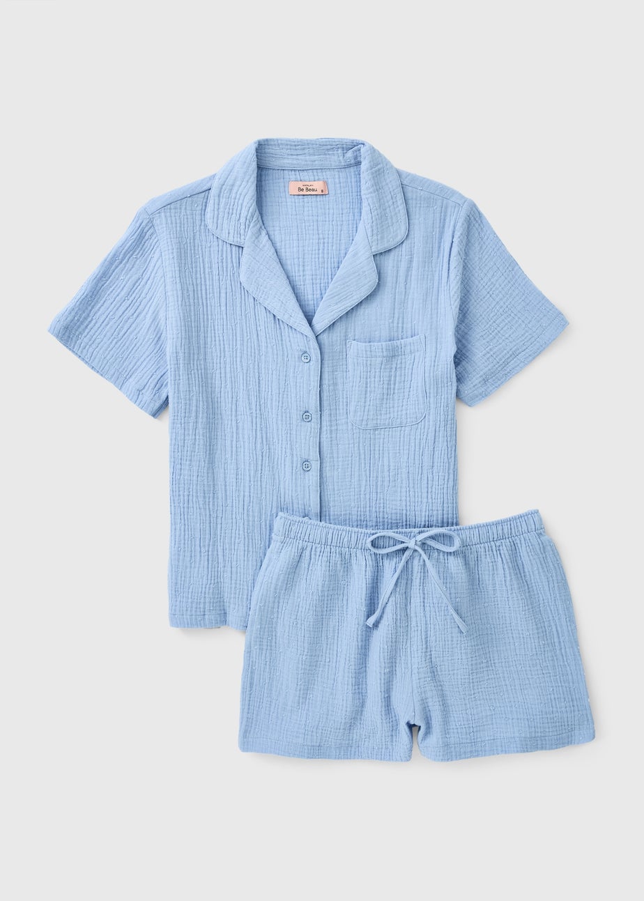 Blue Double Cloth Short Button Up Pyjama Set