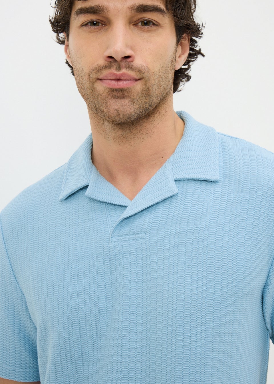 Blue Textured Knitted Polo Shirt