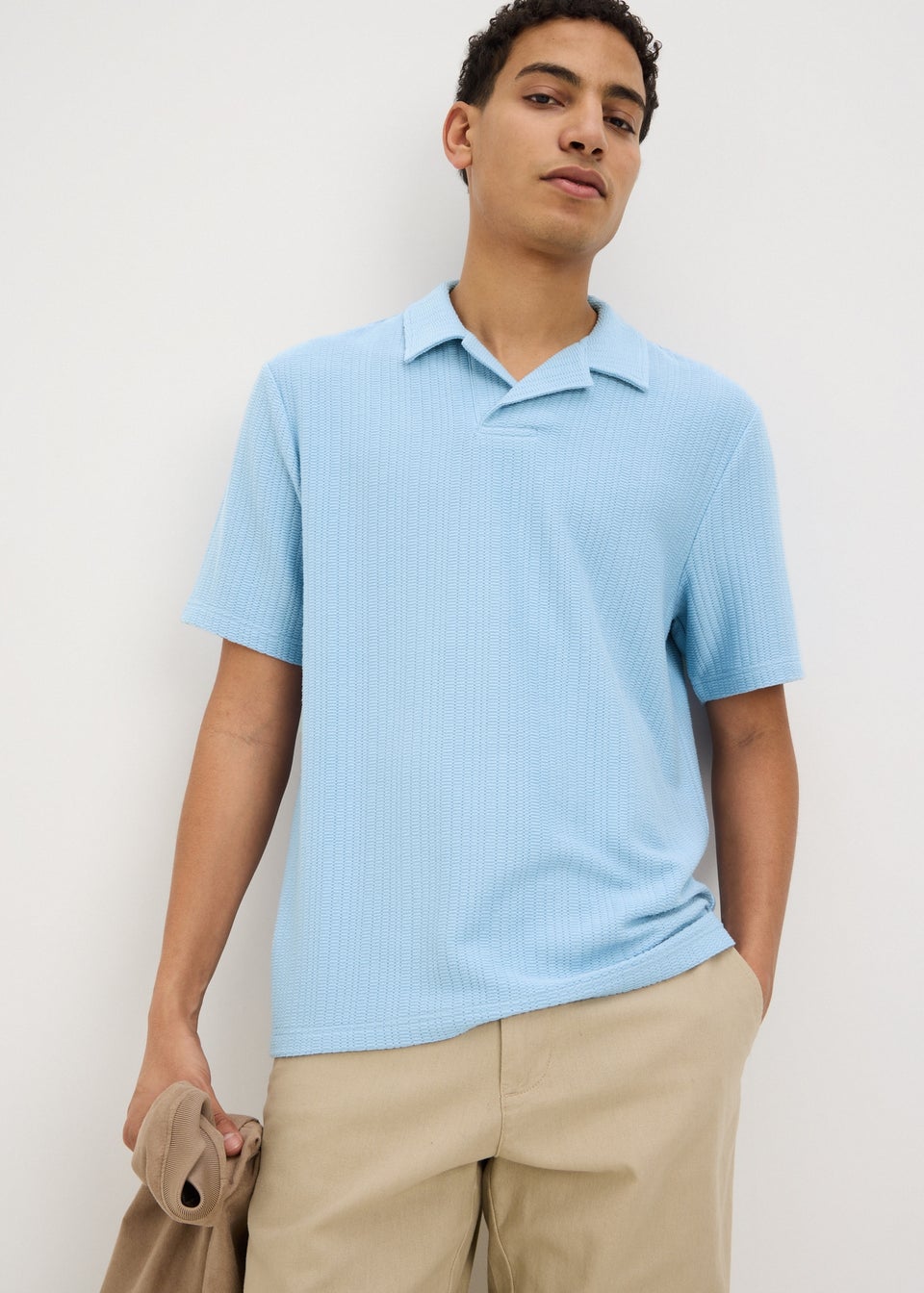 Blue Textured Knitted Polo Shirt