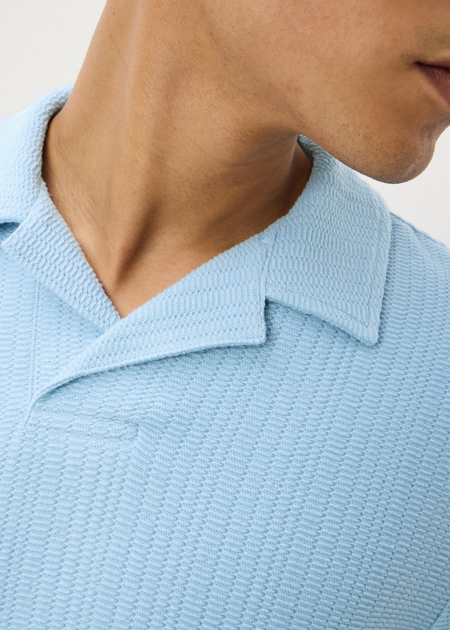Blue Textured Knitted Polo Shirt