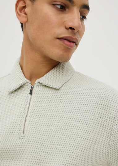 Ecru Diamond Jacquard Zip Polo Shirt