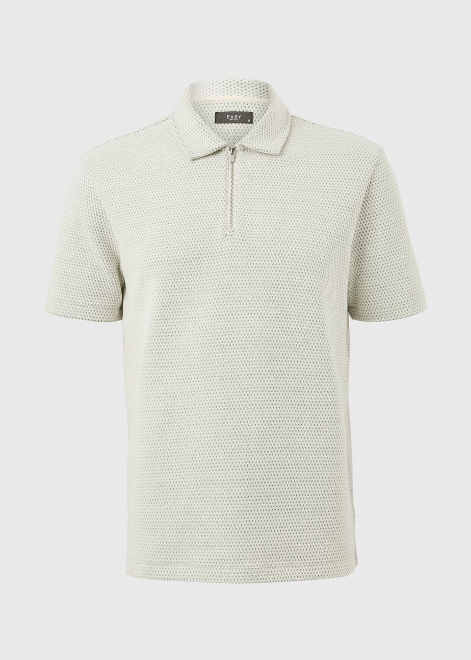 Ecru Diamond Jacquard Zip Polo Shirt