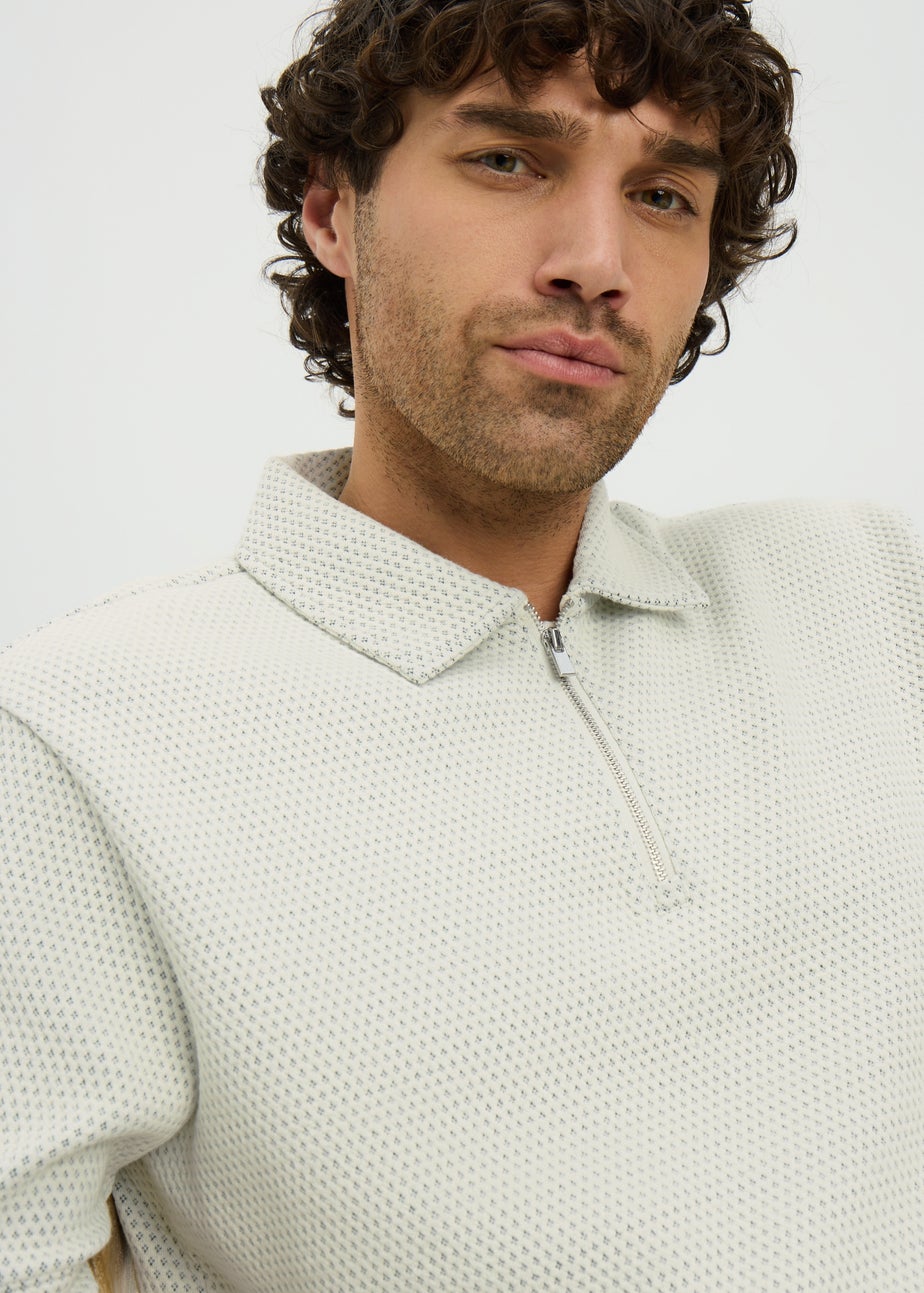 Ecru Diamond Jacquard Zip Polo Shirt