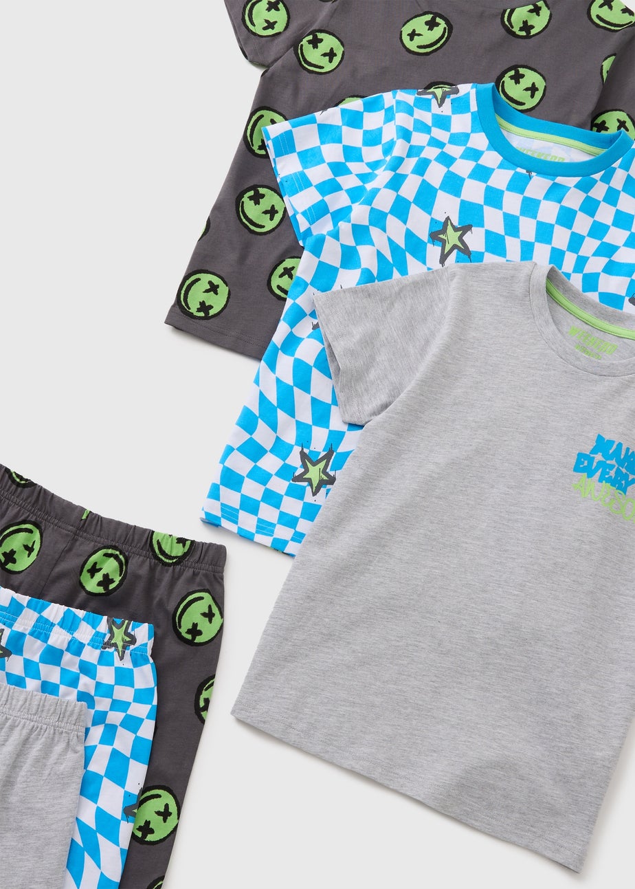 3 Pack Boys Grey Checkerboard Face Top & Shorts Set (7-13yrs)