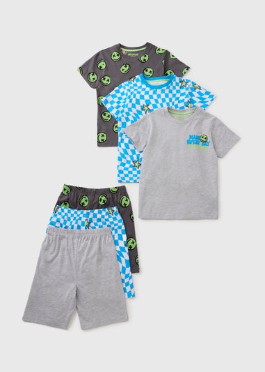 3 Pack Boys Grey Checkerboard Face Top & Shorts Set (7-13yrs)