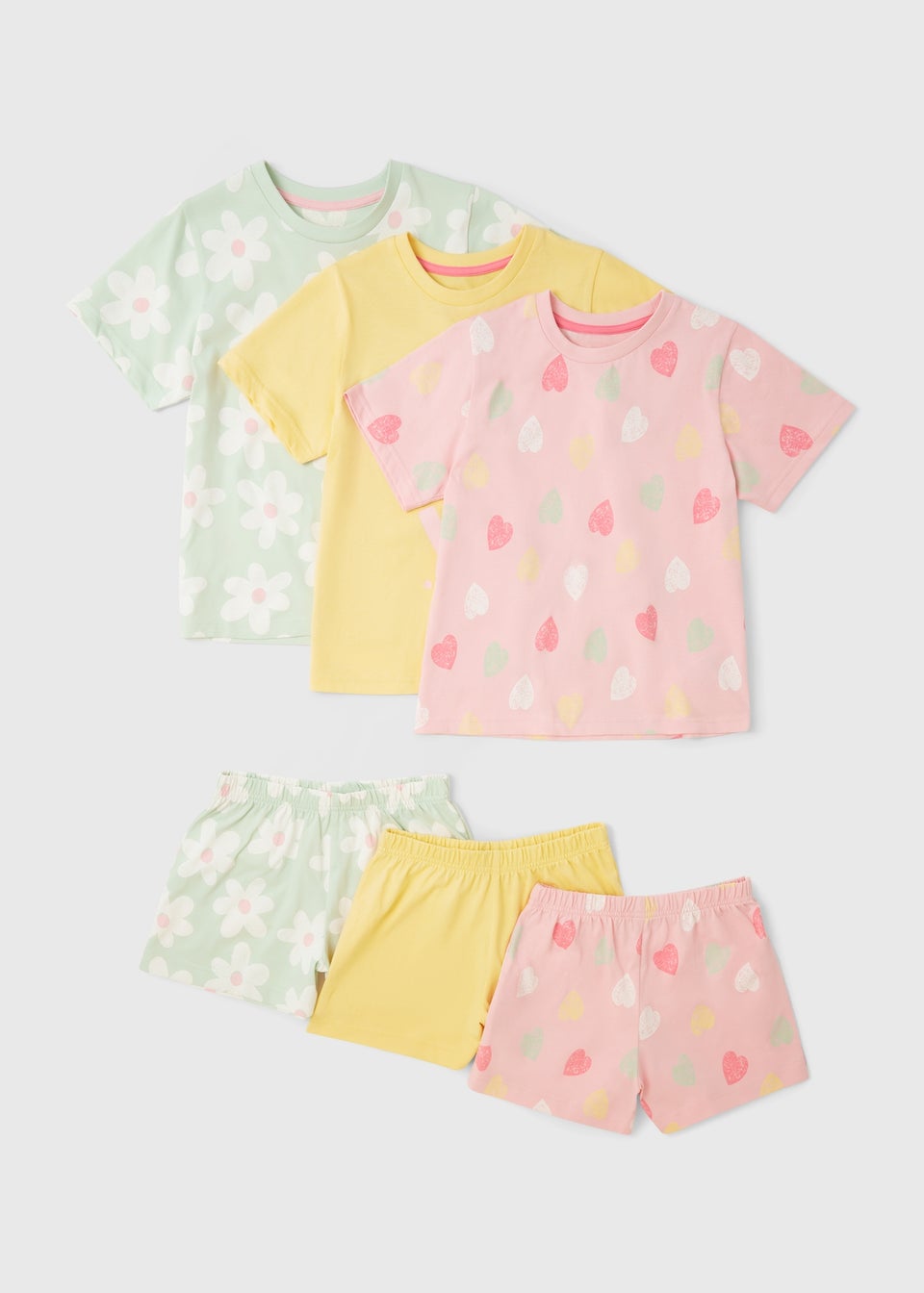 3 Pack Girls Yellow Love Short Pyjama Sets (1-7yrs)