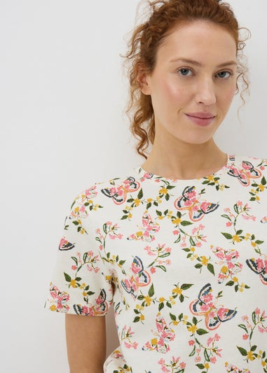 White Butterfly Print Cuffed Pyjama Set