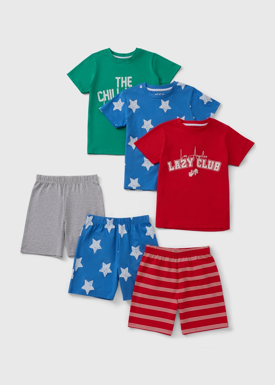 3 Pack Boys Multicolour Slogan Short Pyjama Sets (1-13yrs)