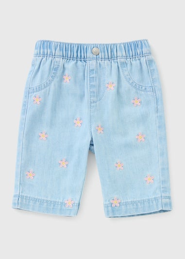 Baby Blue Flower Embroidered Denim Shorts (Newborn-23mths)