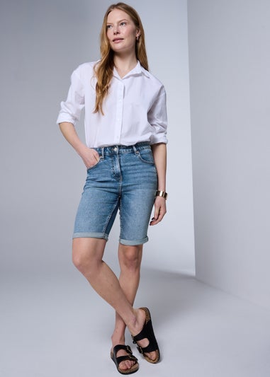 Mid Wash Denim Knee Length Shorts