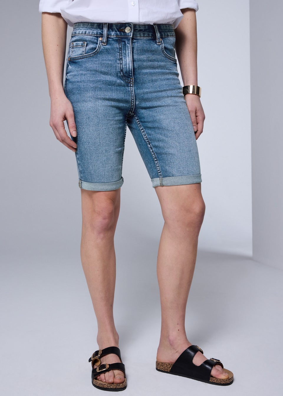 Mid Wash Denim Knee Length Shorts