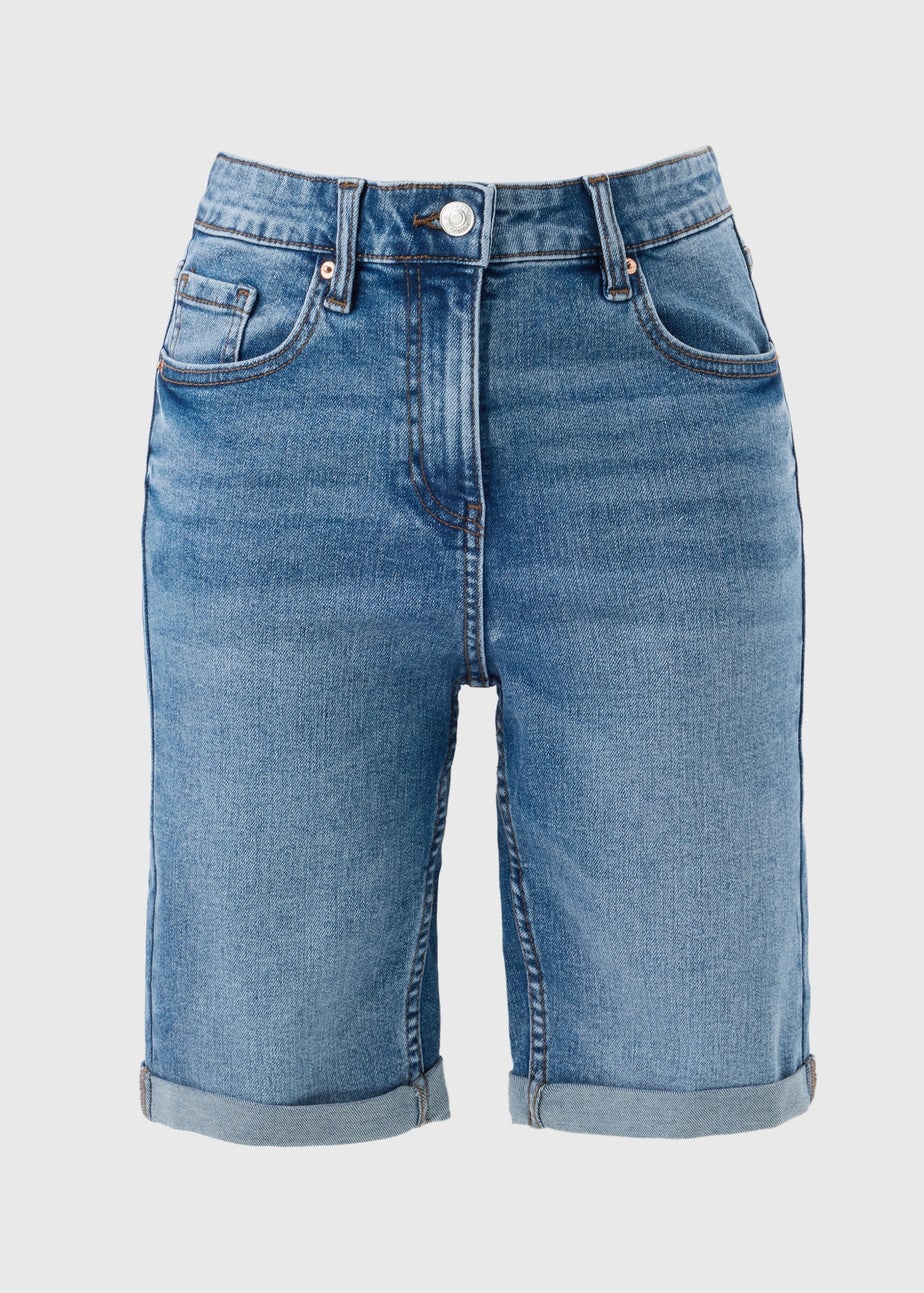 Mid Wash Denim Knee Length Shorts