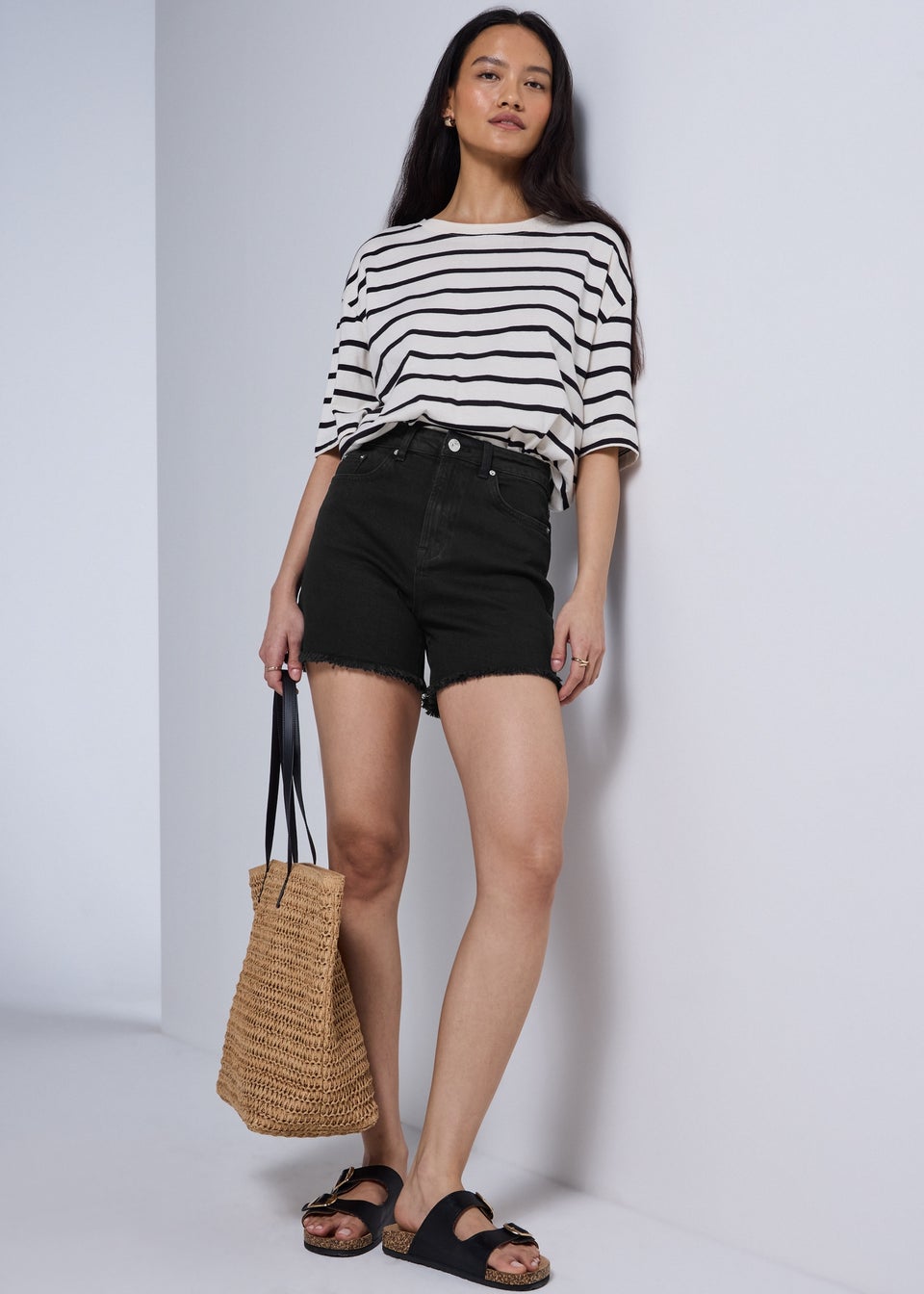 Black Frayed Hem Denim Shorts