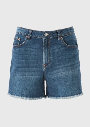 Blue Dark Wash Frayed Hem Denim Shorts
