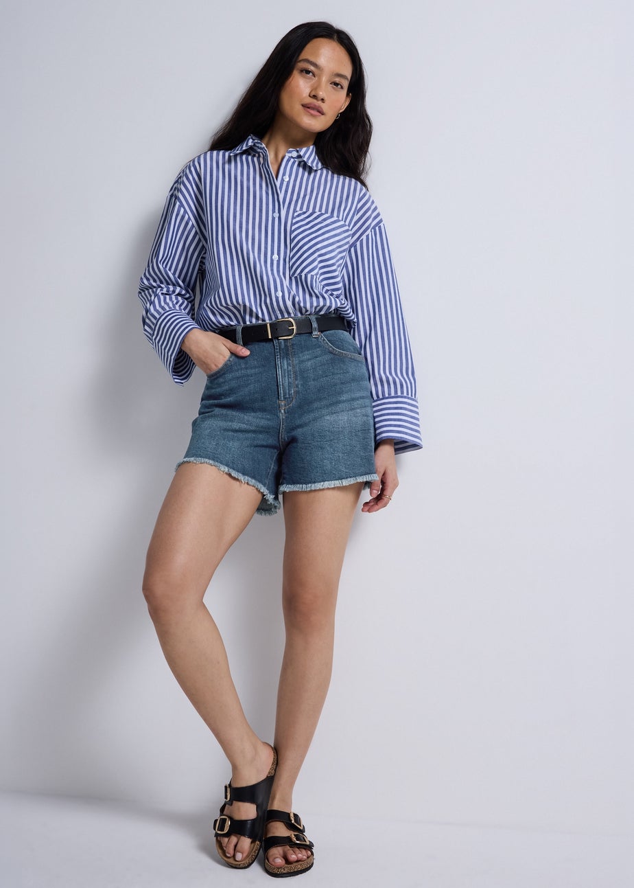 Blue Dark Wash Frayed Hem Denim Shorts