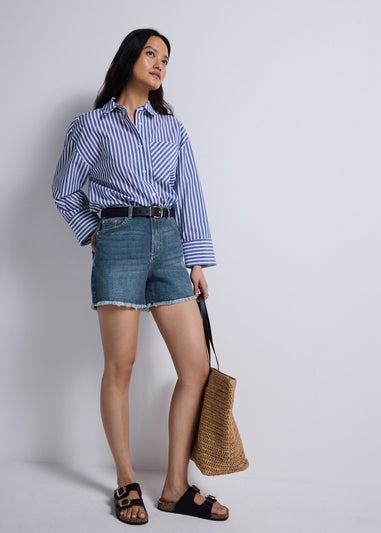 Blue Dark Wash Frayed Hem Denim Shorts