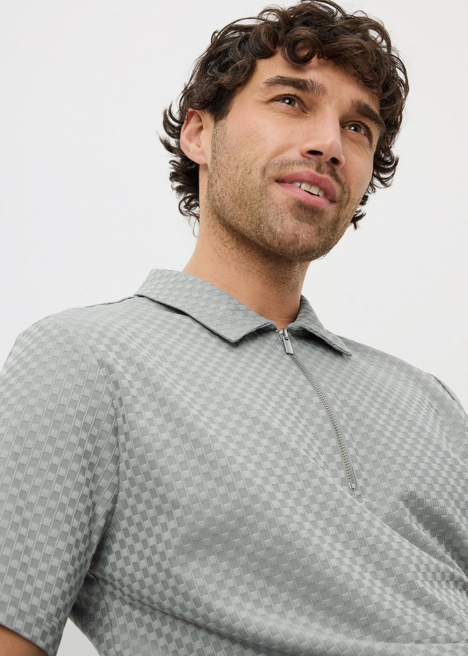 Grey Textured Smart Zip Polo Shirt