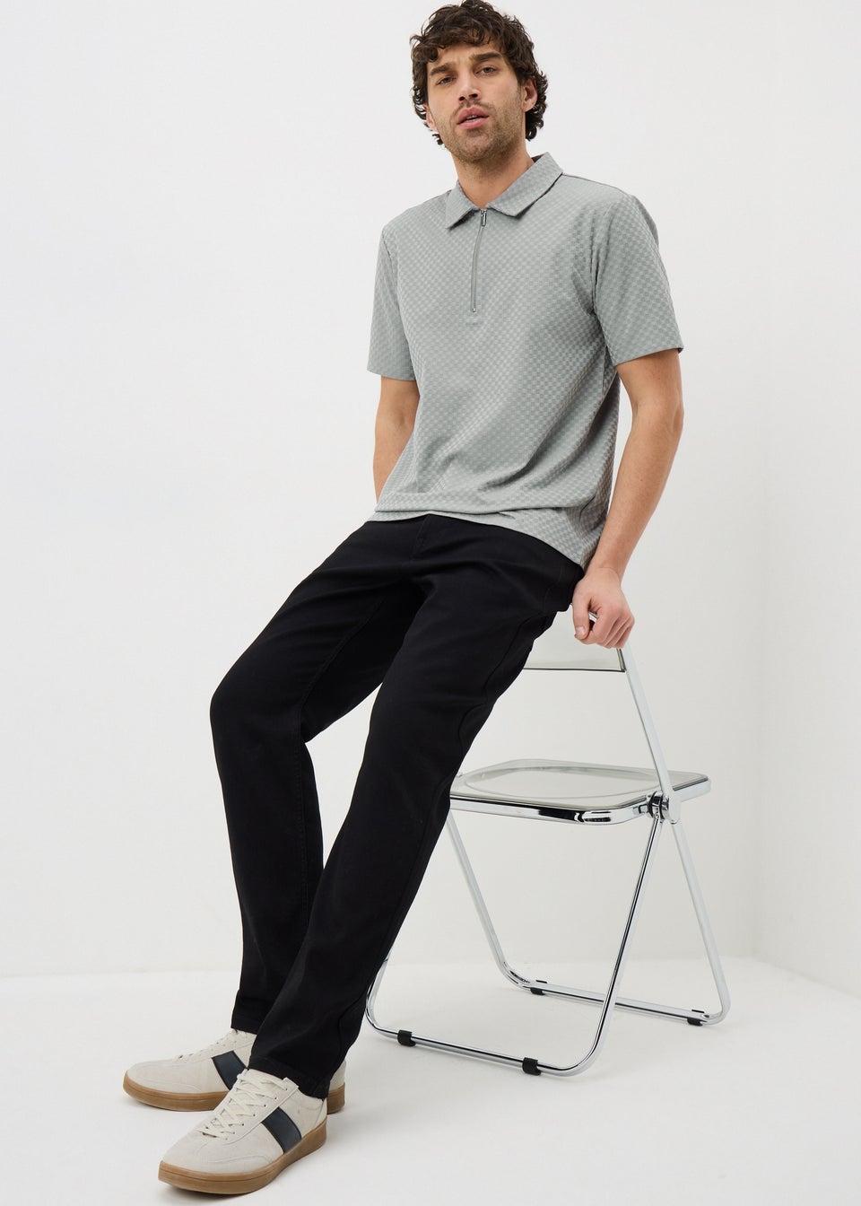 Grey Textured Smart Zip Polo Shirt