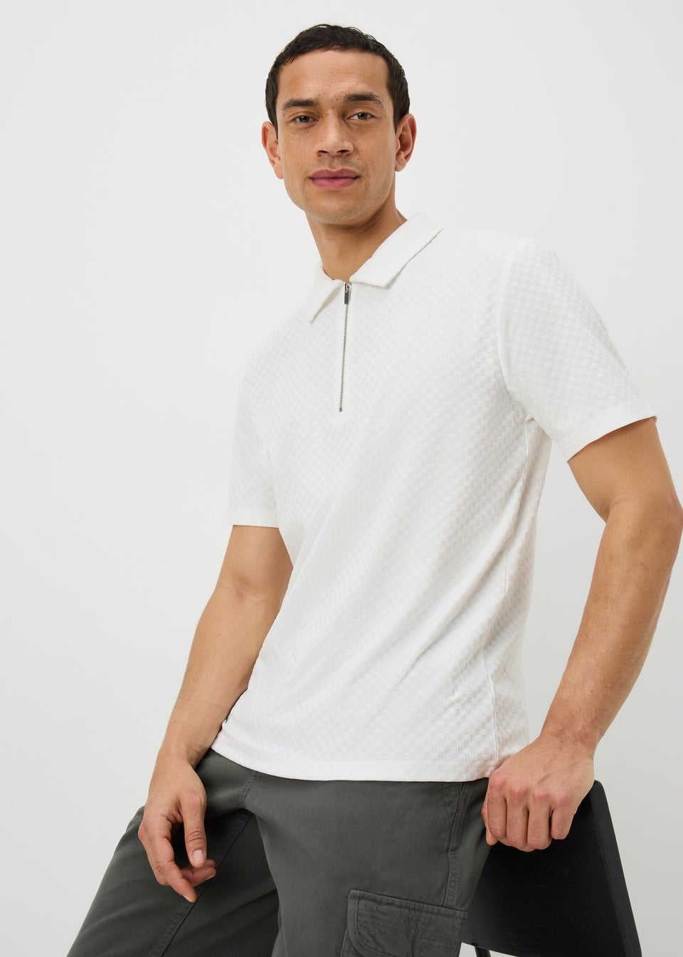 White Textured Smart Zip Polo Shirt