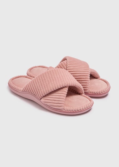 Pink Velour Cross Strap Slider Slippers