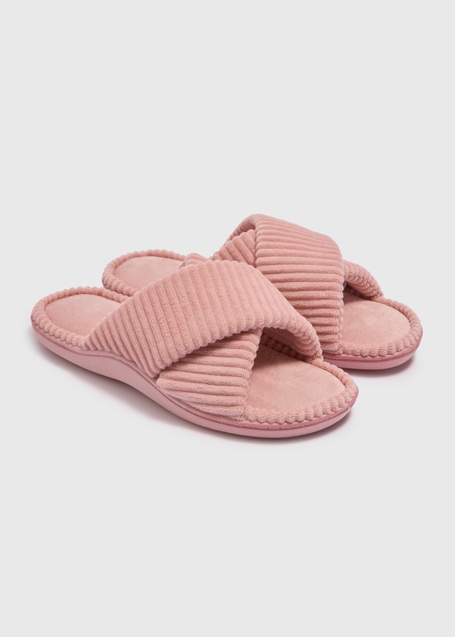 Pink Velour Cross Strap Slider Slippers