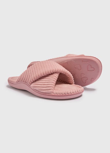 Pink Velour Cross Strap Slider Slippers