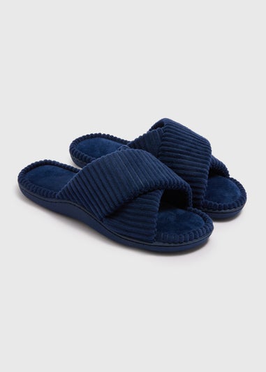Navy Velour Cross Strap Slider Slippers