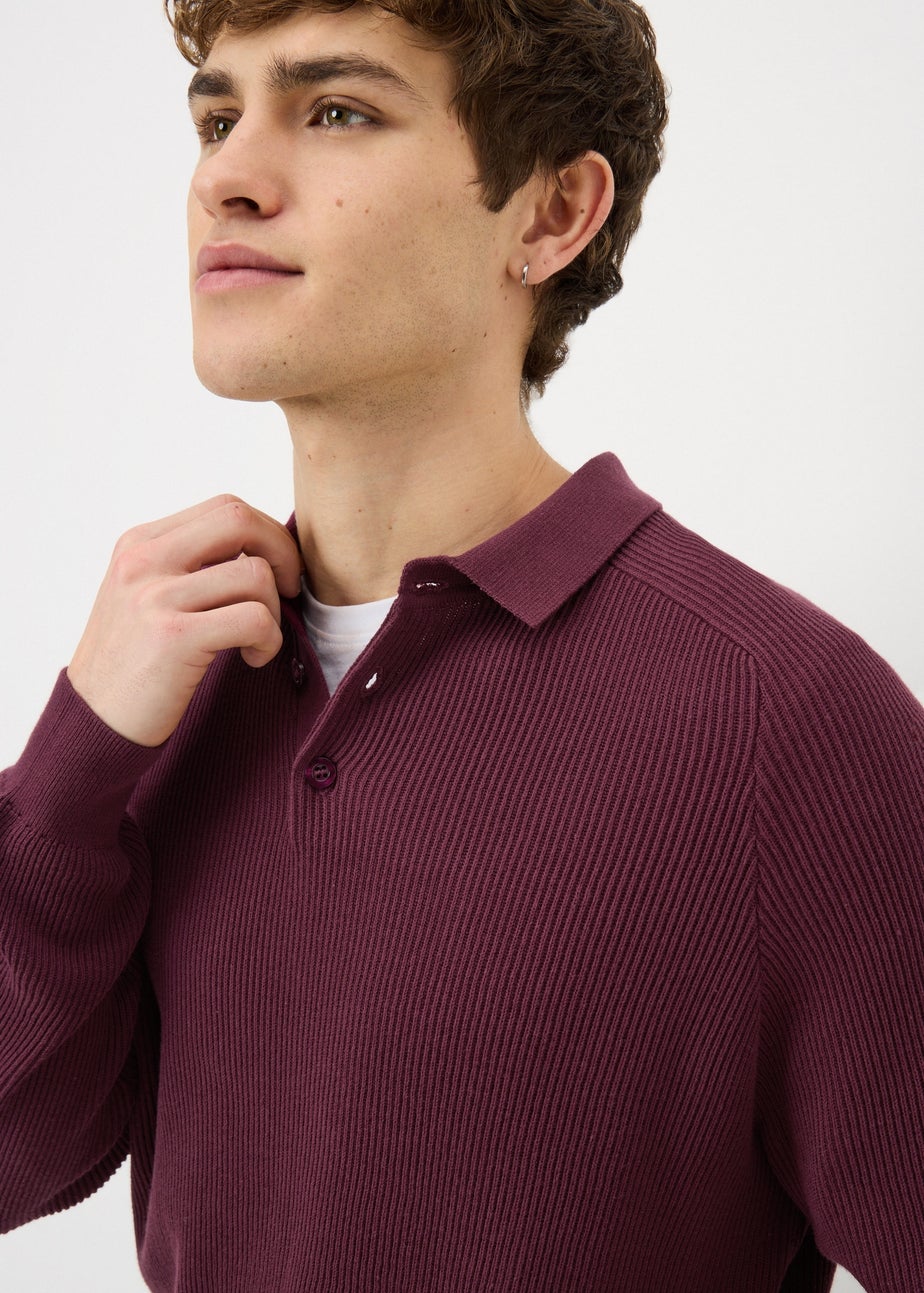 Plum Ribbed Long Sleeve Polo Shirt