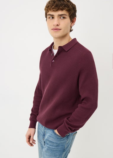 Plum Ribbed Long Sleeve Polo Shirt