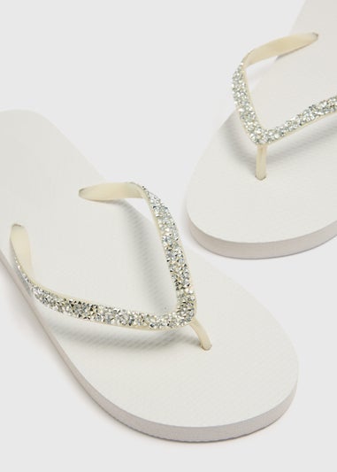 White Diamante Flip Flops