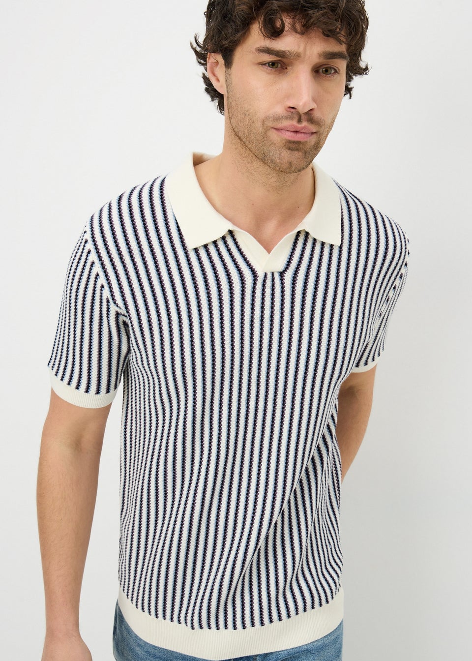 Ecru Stripe Revere Knitted Polo Shirt