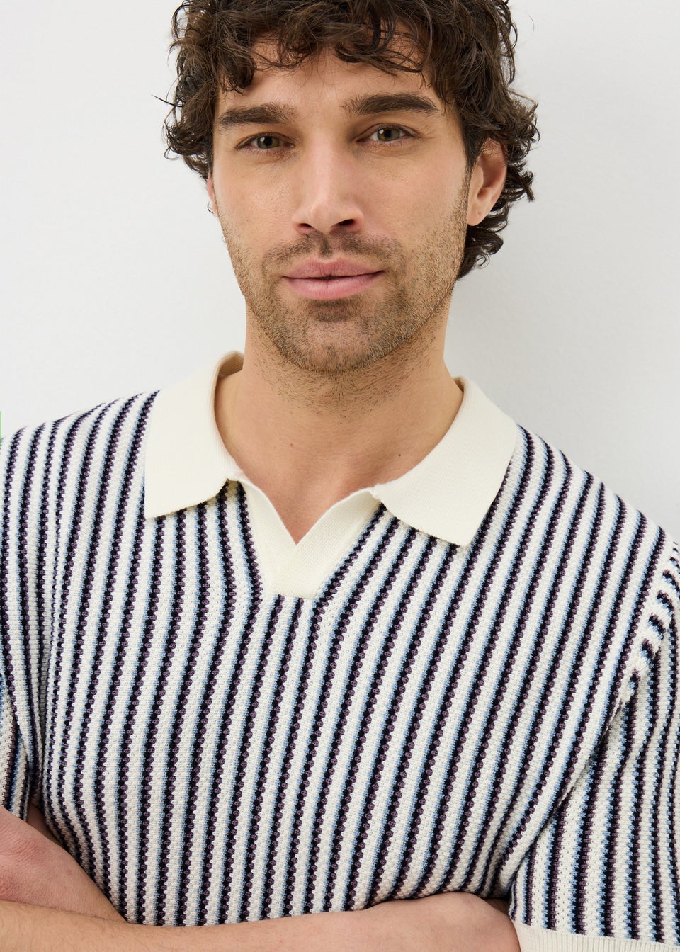 Ecru Stripe Revere Knitted Polo Shirt