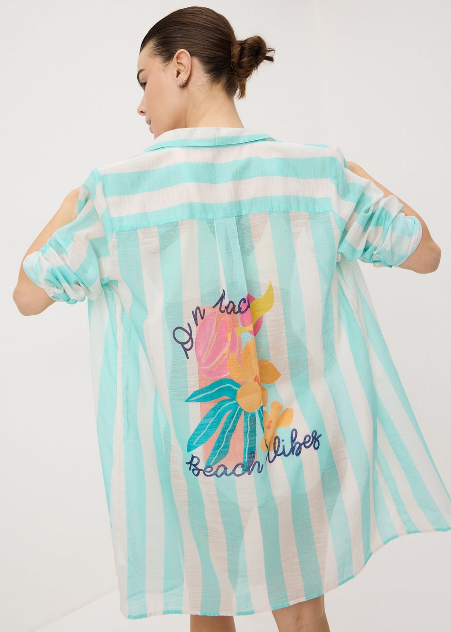 Aqua Blue Stripe Back Graphic Beach Shirt