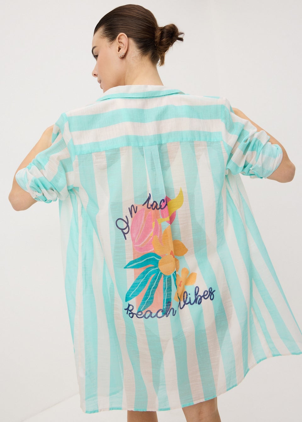 Aqua Blue Stripe Back Graphic Beach Shirt