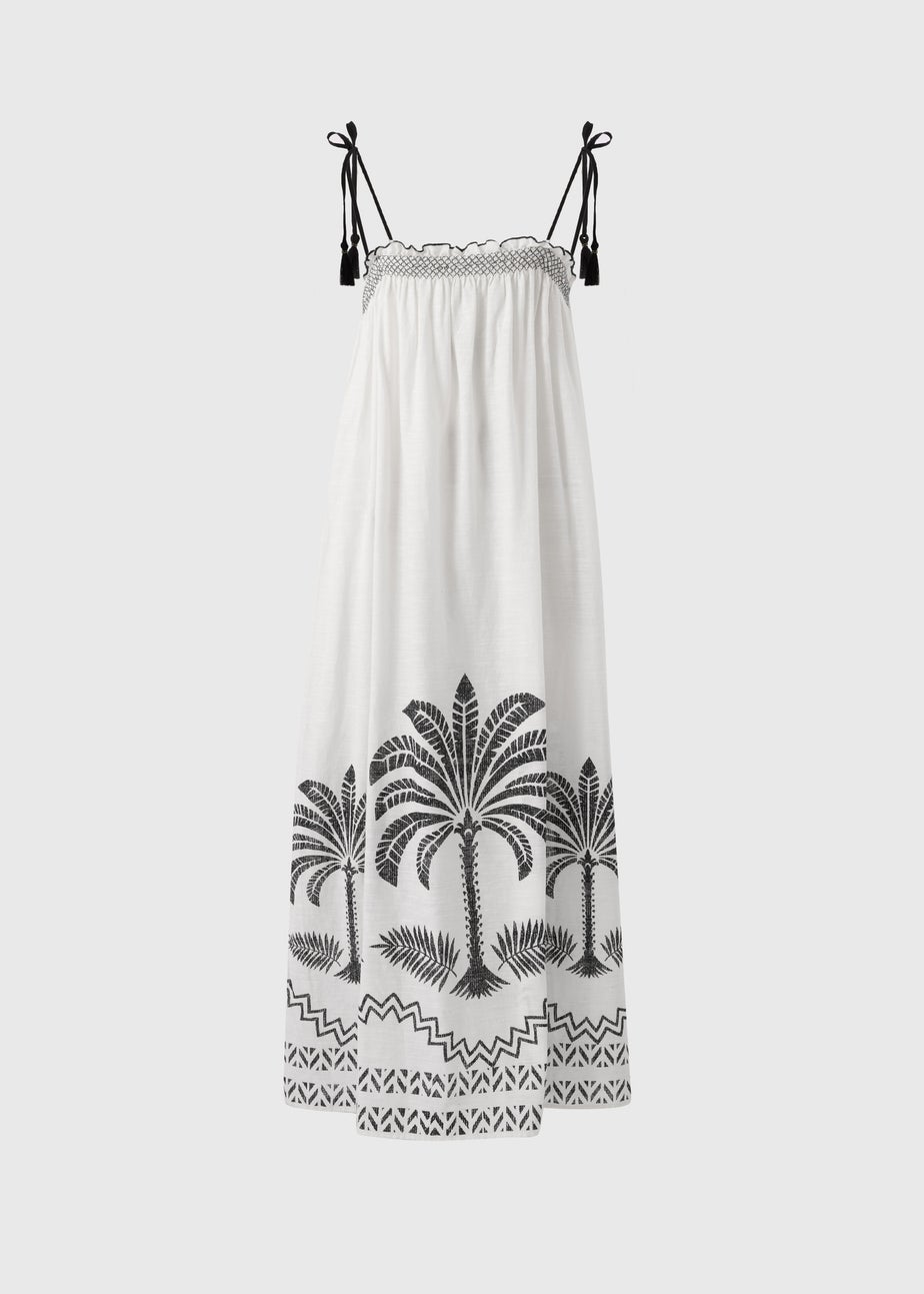 White Palm Tree Shirred Beach Dress
