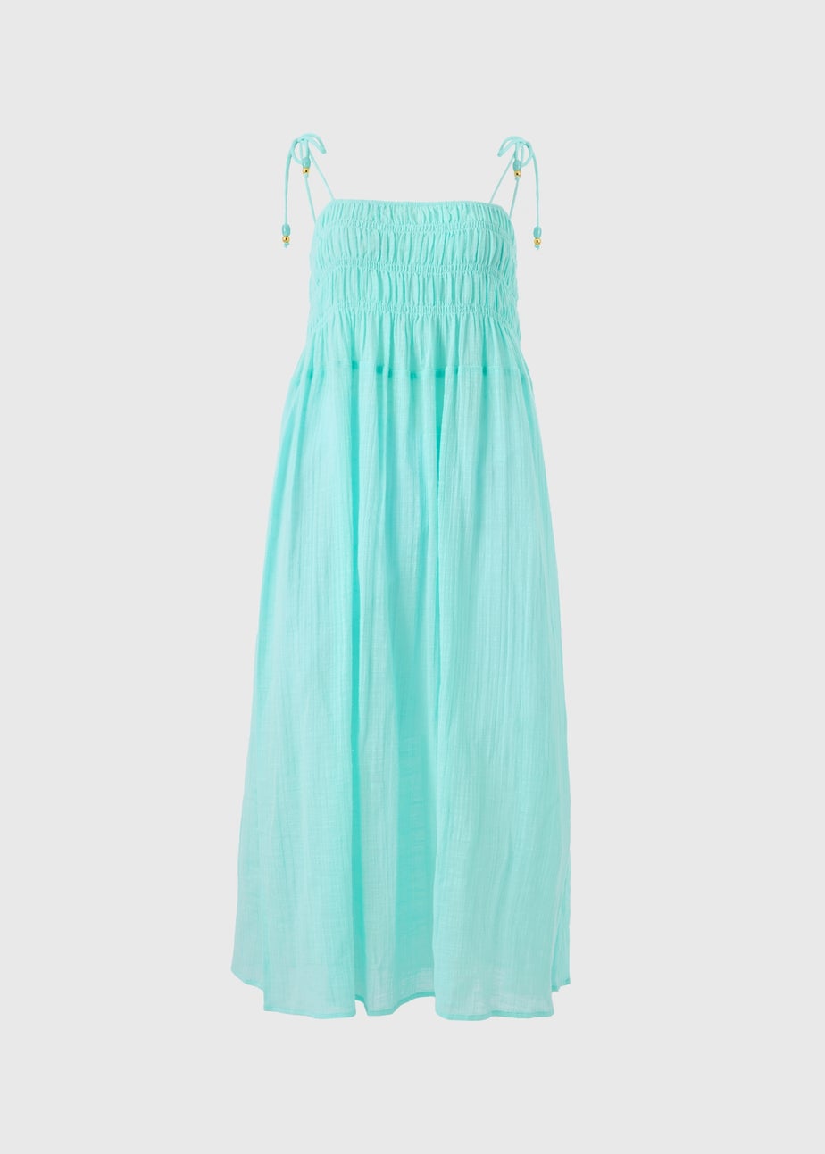 Aqua Blue Crinkle Midi Beach Dress