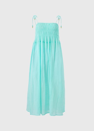Aqua Blue Crinkle Midi Beach Dress