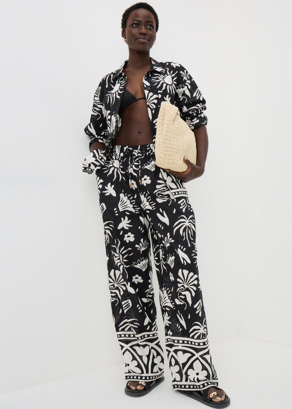 Black Monochrome Border Print Co Ord Trousers