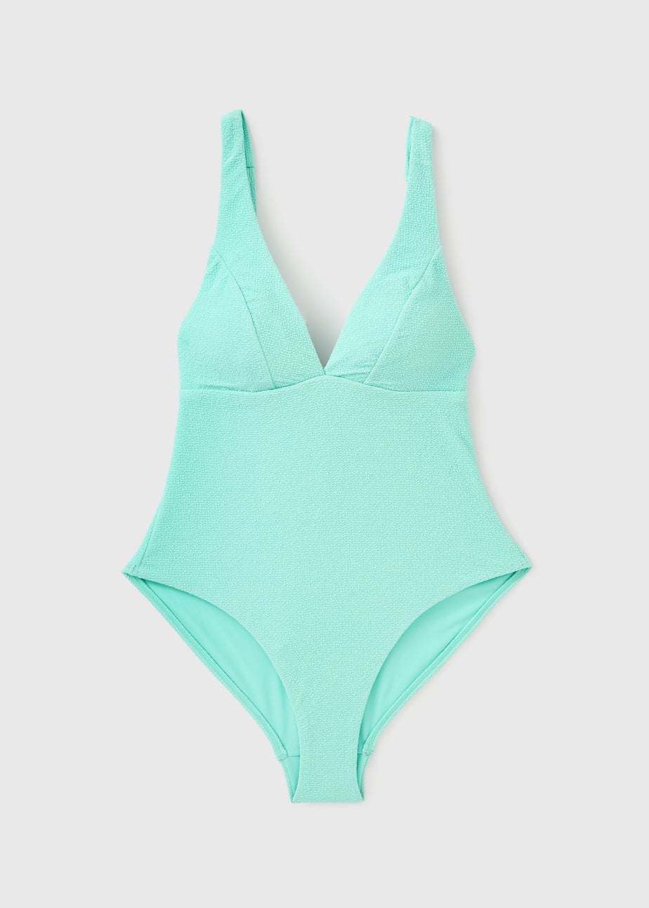 Aqua Blue Textured Plunge Swimsuit