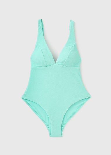Aqua Blue Textured Plunge Swimsuit