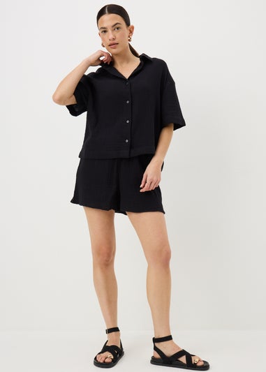 Black Double Cloth Co Ord Beach Shirt