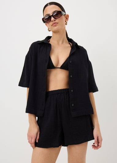 Black Double Cloth Co Ord Beach Shorts