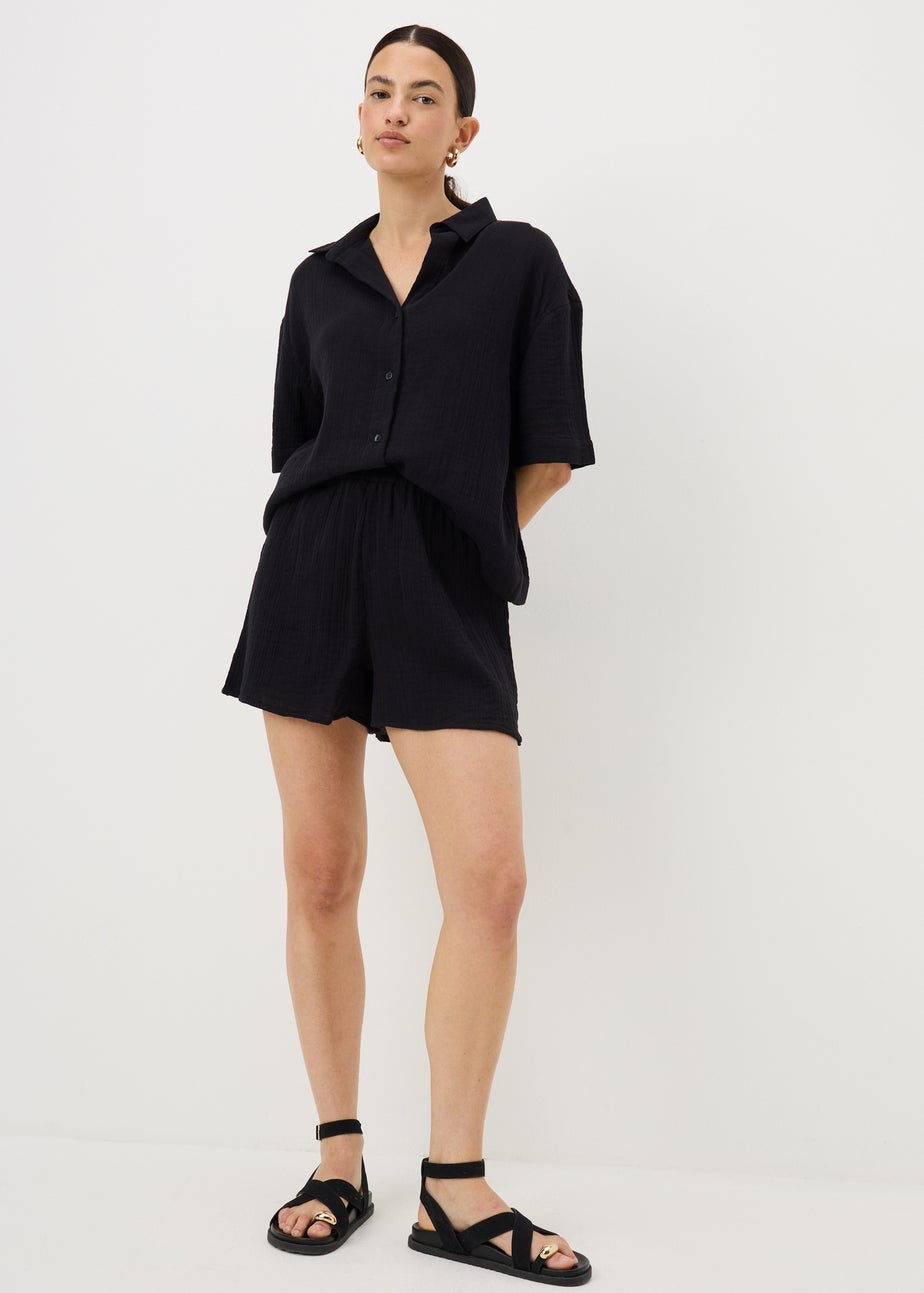 Black Double Cloth Co Ord Beach Shorts