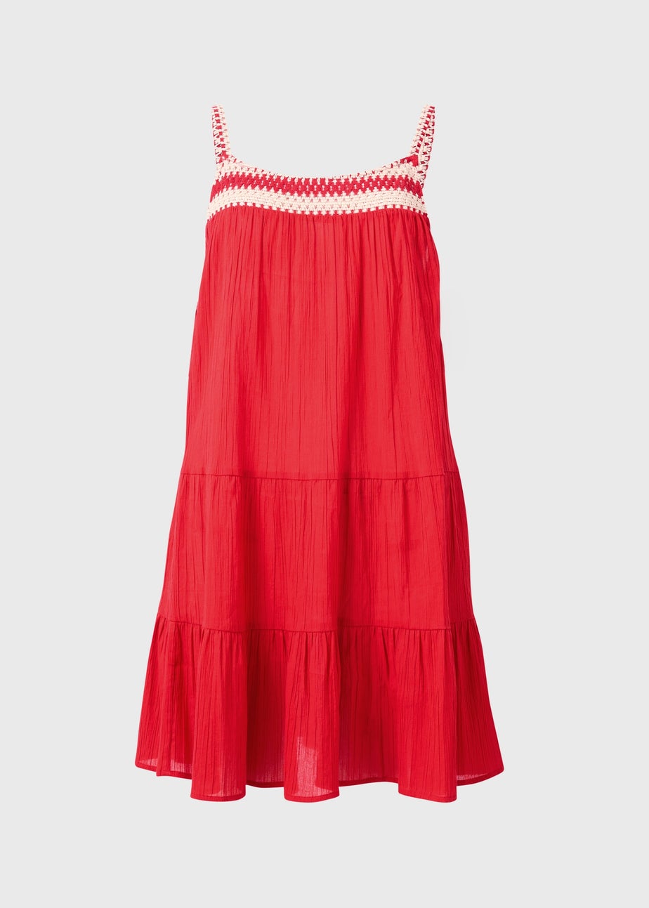 Red Crochet Trim Tiered Beach Dress